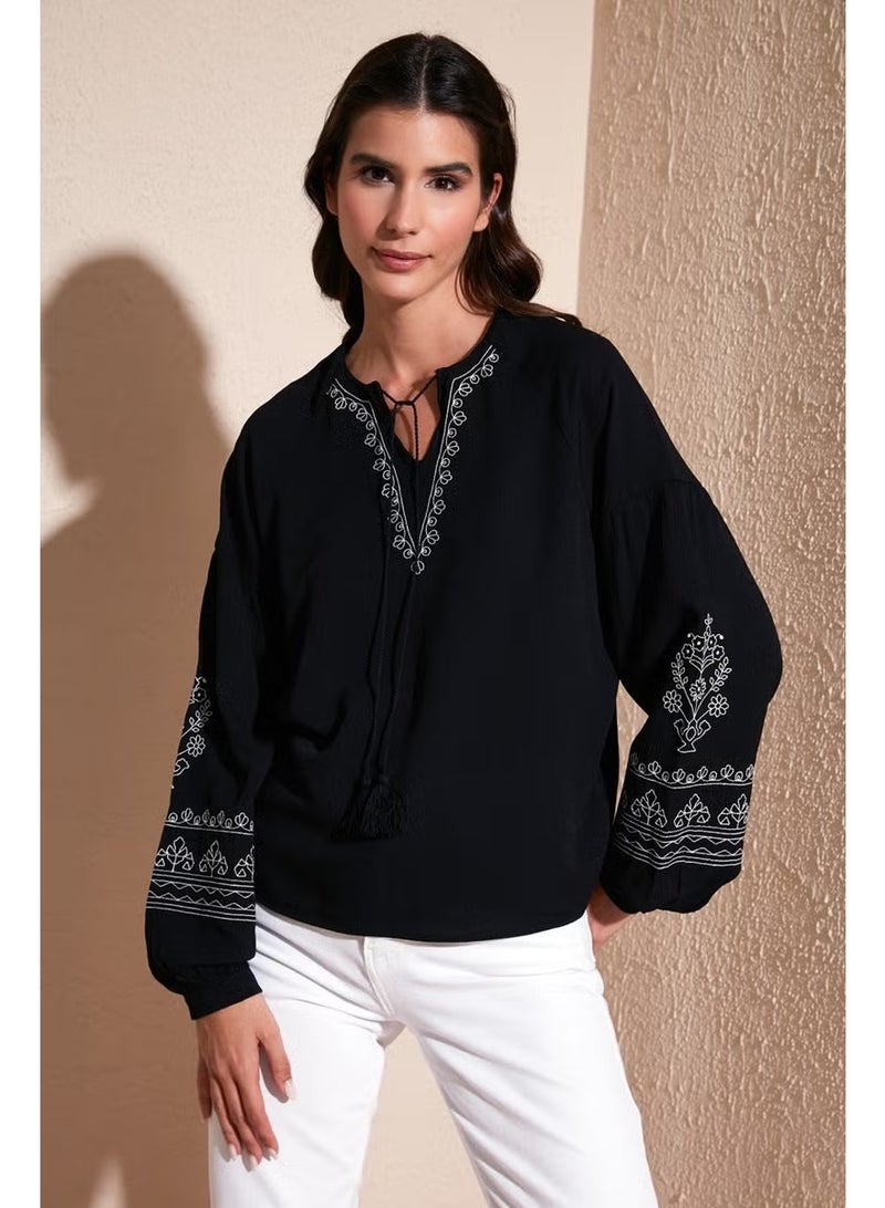 Lela Collar Tied Sleeves Embroidered V-Neck Regular Fit Blouse Women's BLOUSE 611BZ0368 - Image 1